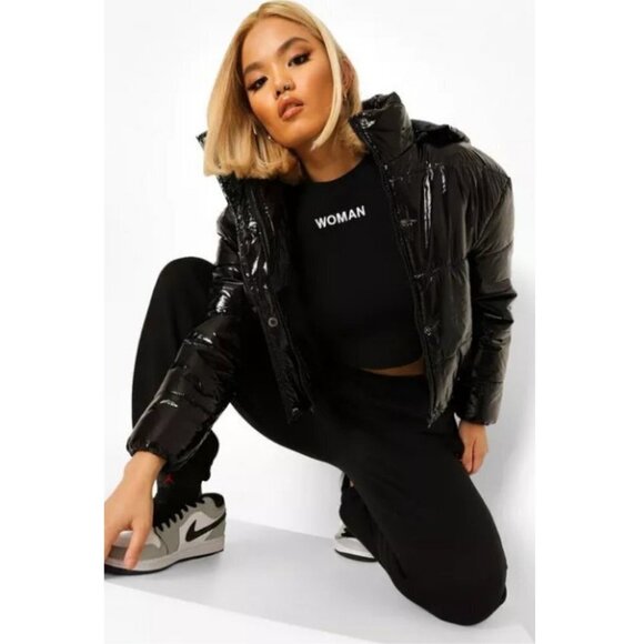 Boohoo Women's Petite Hooded Crop High Shine Coat - Picture 1 of 7